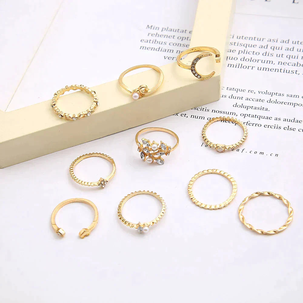 10-Piece Bohemian Ring Set in Silver and Gold