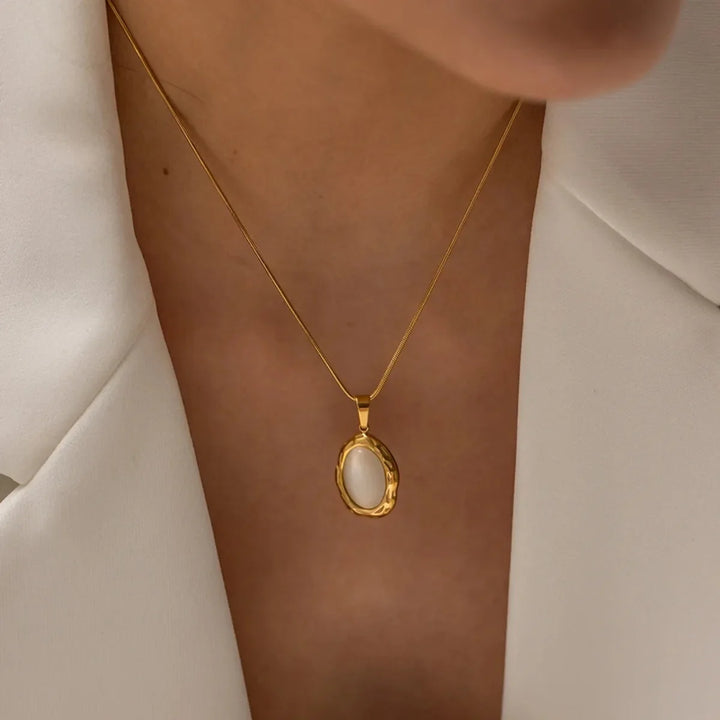 Gold Plated Oval Cat Eye Opal Necklace
