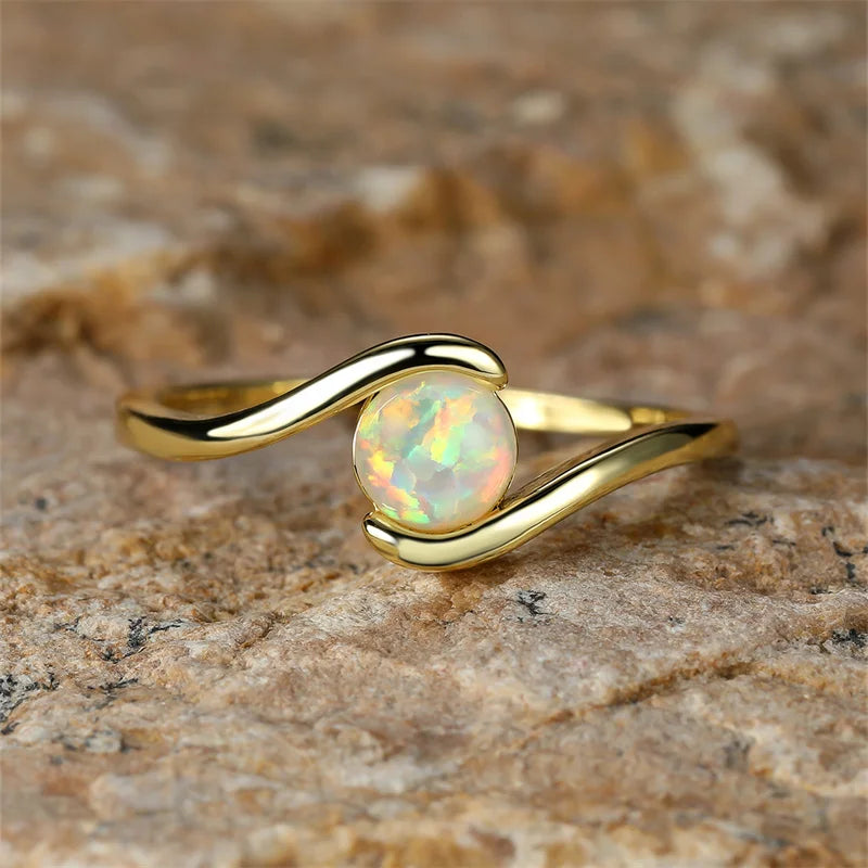 Timeless Round Rainbow White Fire Opal Ring